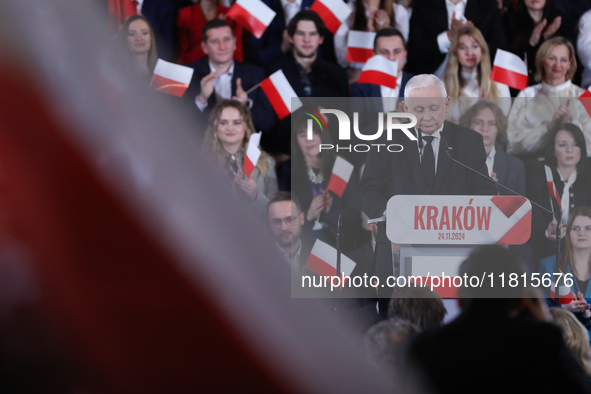 In Krakow, Poland, on November 24, 2024, party president Jaroslaw Kaczynski introduces presidential candidate Karol Nawrocki during the Law...