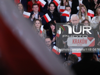 In Krakow, Poland, on November 24, 2024, party president Jaroslaw Kaczynski introduces presidential candidate Karol Nawrocki during the Law...