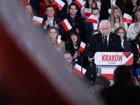 In Krakow, Poland, on November 24, 2024, party president Jaroslaw Kaczynski introduces presidential candidate Karol Nawrocki during the Law...