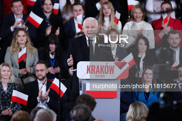 In Krakow, Poland, on November 24, 2024, party president Jaroslaw Kaczynski introduces presidential candidate Karol Nawrocki during the Law...