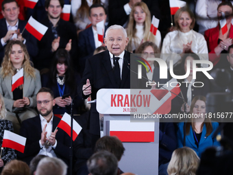 In Krakow, Poland, on November 24, 2024, party president Jaroslaw Kaczynski introduces presidential candidate Karol Nawrocki during the Law...