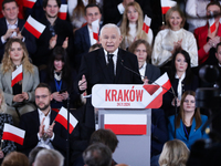 In Krakow, Poland, on November 24, 2024, party president Jaroslaw Kaczynski introduces presidential candidate Karol Nawrocki during the Law...