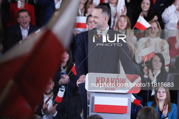 In Krakow, Poland, on November 24, 2024, the newly presented presidential candidate, Polish historian and president of the Institute of Nati...