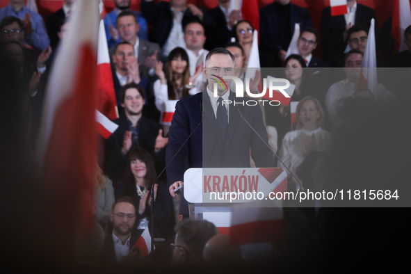 In Krakow, Poland, on November 24, 2024, the newly presented presidential candidate, Polish historian and president of the Institute of Nati...