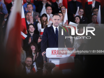 In Krakow, Poland, on November 24, 2024, the newly presented presidential candidate, Polish historian and president of the Institute of Nati...