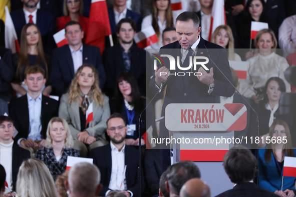 In Krakow, Poland, on November 24, 2024, the newly presented presidential candidate, Polish historian and president of the Institute of Nati...