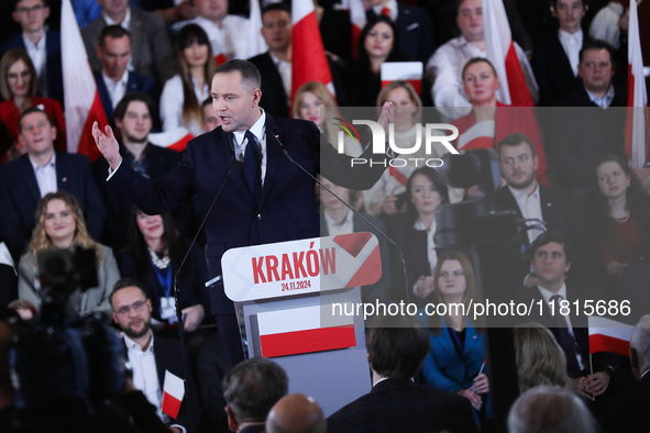 In Krakow, Poland, on November 24, 2024, the newly presented presidential candidate, Polish historian and president of the Institute of Nati...