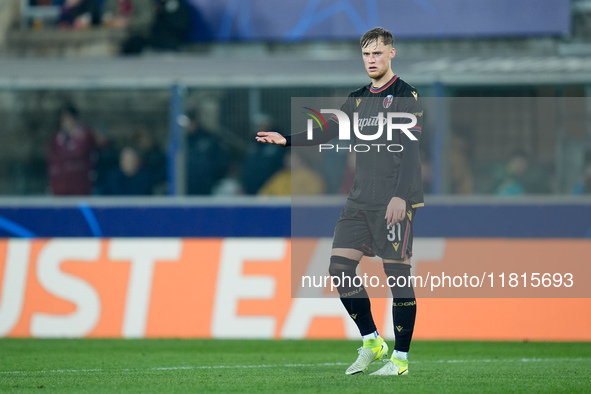 Sam Beukema of Bologna FC gestures during the UEFA Champions League 2024/25 League Phase MD5 match between Bologna FC and LOSC Lille at Stad...