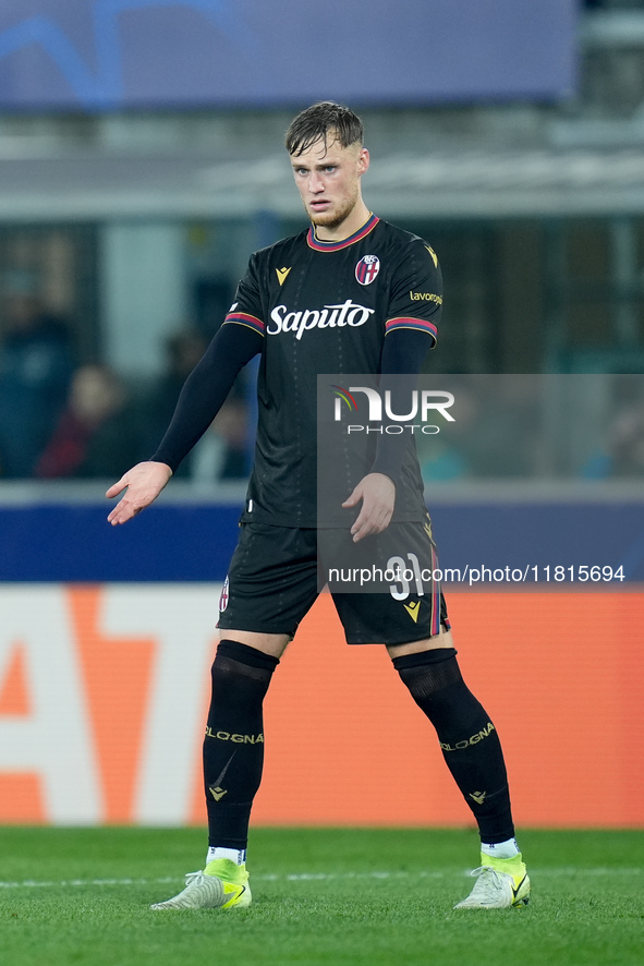 Sam Beukema of Bologna FC gestures during the UEFA Champions League 2024/25 League Phase MD5 match between Bologna FC and LOSC Lille at Stad...