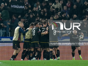 Jhon Lucumi of Bologna FC celebrates after scoring first goal during the UEFA Champions League 2024/25 League Phase MD5 match between Bologn...