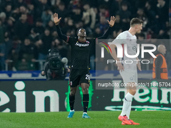 Jhon Lucumi of Bologna FC celebrates after scoring first goal during the UEFA Champions League 2024/25 League Phase MD5 match between Bologn...