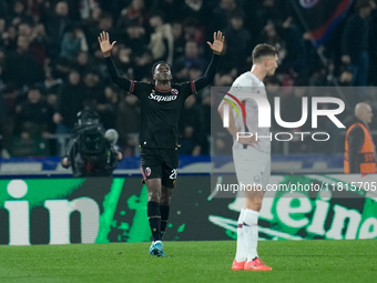 Jhon Lucumi of Bologna FC celebrates after scoring first goal during the UEFA Champions League 2024/25 League Phase MD5 match between Bologn...