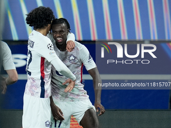 Ngal'ayel Mukau of LOSC Lille celebrates after scoring second goal during the UEFA Champions League 2024/25 League Phase MD5 match between B...