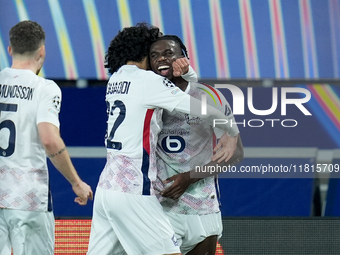 Ngal'ayel Mukau of LOSC Lille celebrates after scoring second goal during the UEFA Champions League 2024/25 League Phase MD5 match between B...