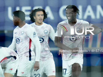 Ngal'ayel Mukau of LOSC Lille celebrates after scoring second goal during the UEFA Champions League 2024/25 League Phase MD5 match between B...