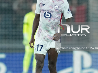 Ngal'ayel Mukau of LOSC Lille looks on during the UEFA Champions League 2024/25 League Phase MD5 match between Bologna FC and LOSC Lille at...