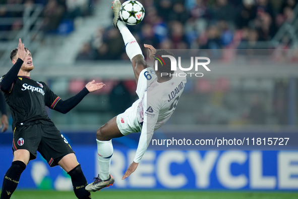 Jonathan David of LOSC Lille tries to score third goal with a bicycle kick during the UEFA Champions League 2024/25 League Phase MD5 match b...