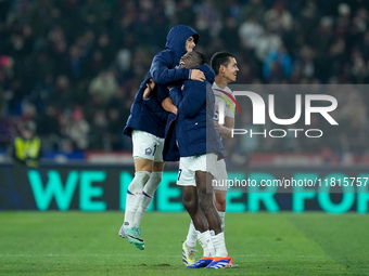 Ngal'ayel Mukau of LOSC Lille celebrates. the victory with Aissa Mandi of LOSC Lille during the UEFA Champions League 2024/25 League Phase M...