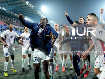 Ngal'ayel Mukau of LOSC Lille and his teammates celebrate the victory during the UEFA Champions League 2024/25 League Phase MD5 match betwee...