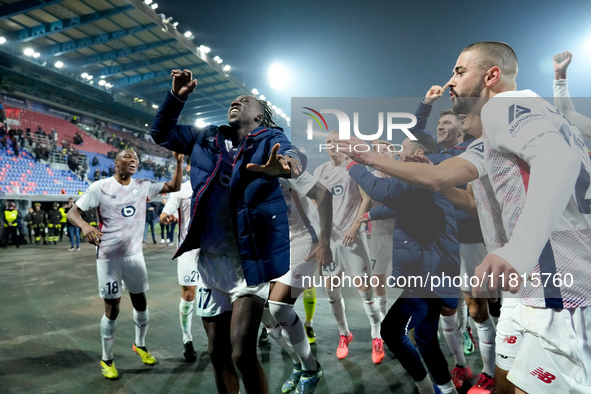 Ngal'ayel Mukau of LOSC Lille and his teammates celebrate the victory during the UEFA Champions League 2024/25 League Phase MD5 match betwee...