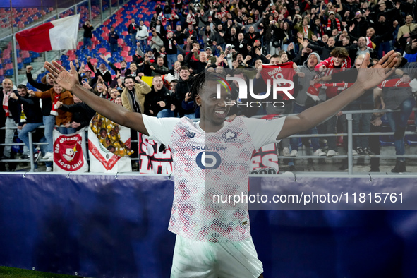 Ngal'ayel Mukau of LOSC Lille celebrates the victory posing with his supporters during the UEFA Champions League 2024/25 League Phase MD5 ma...