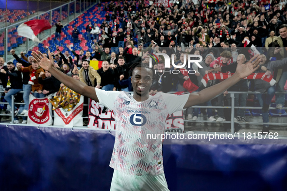 Ngal'ayel Mukau of LOSC Lille celebrates the victory posing with his supporters during the UEFA Champions League 2024/25 League Phase MD5 ma...