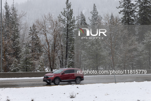 A winter storm brings chain control and delays on Interstate 80 East near Cisco Grove, Calif., on November 27, 2024. 