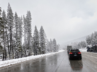 A winter storm brings chain control and delays on Interstate 80 East near Cisco Grove, Calif., on November 27, 2024. (