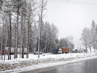 A winter storm brings chain control and delays on Interstate 80 East near Cisco Grove, Calif., on November 27, 2024. (