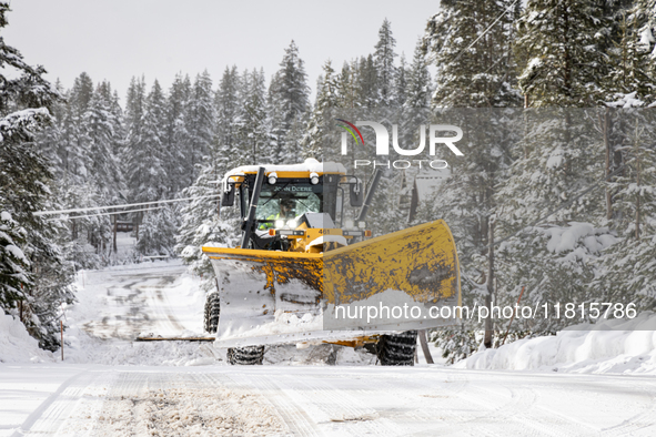 A winter storm brings chain control and delays on Interstate 80 East near Cisco Grove, Calif., on November 27, 2024. 