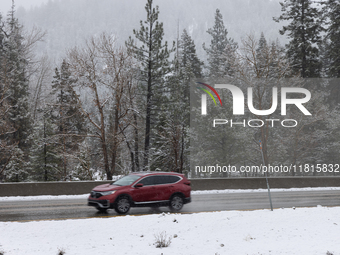 A winter storm brings chain control and delays on Interstate 80 East near Cisco Grove, California, on November 26, 2024. (