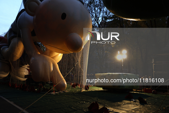 Snoopy balloon is seen ahead of the New York City Mayor Eric Adams and city public safety press conference ahead of the Macys Thanksgiving D...