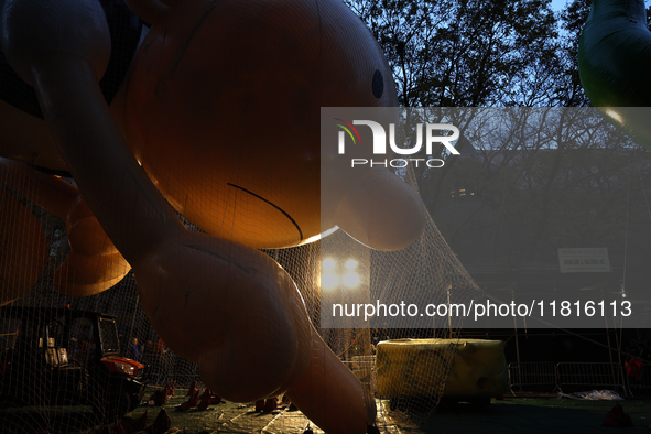 Snoopy balloon is seen ahead of the New York City Mayor Eric Adams and city public safety press conference ahead of the Macys Thanksgiving D...