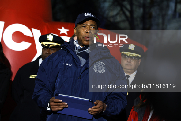 New York City Mayor Eric Adams and city officials hold a public safety press conference ahead of the Macys Thanksgiving Day Parade on Novemb...