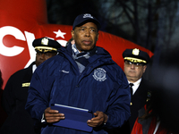 New York City Mayor Eric Adams and city officials hold a public safety press conference ahead of the Macys Thanksgiving Day Parade on Novemb...