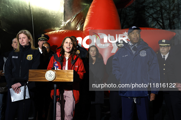 New York City Mayor Eric Adams and city officials hold a public safety press conference ahead of the Macys Thanksgiving Day Parade on Novemb...