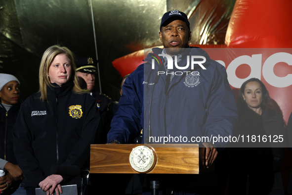 New York Police Commissioner Jessica Tisch and New York City Mayor Eric Adams and city officials hold a public safety press conference ahead...