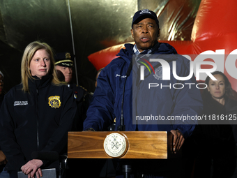 New York Police Commissioner Jessica Tisch and New York City Mayor Eric Adams and city officials hold a public safety press conference ahead...