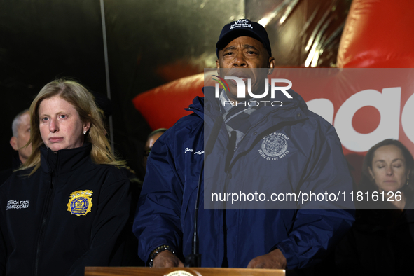 New York Police Commissioner Jessica Tisch and New York City Mayor Eric Adams and city officials hold a public safety press conference ahead...