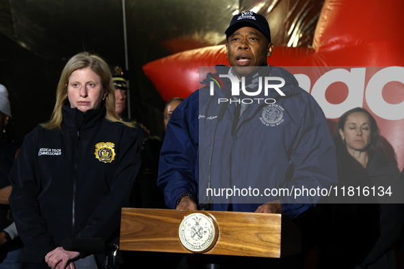 New York Police Commissioner Jessica Tisch and New York City Mayor Eric Adams and city officials hold a public safety press conference ahead...