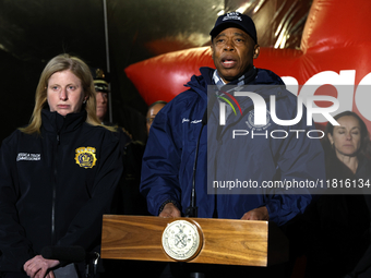 New York Police Commissioner Jessica Tisch and New York City Mayor Eric Adams and city officials hold a public safety press conference ahead...