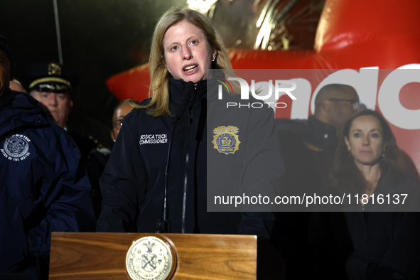 New York Police Commissioner Jessica Tisch and New York City Mayor Eric Adams and city officials hold a public safety press conference ahead...