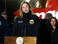 New York Police Commissioner Jessica Tisch and New York City Mayor Eric Adams and city officials hold a public safety press conference ahead...