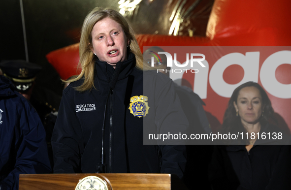 New York Police Commissioner Jessica Tisch and New York City Mayor Eric Adams and city officials hold a public safety press conference ahead...