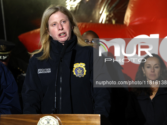 New York Police Commissioner Jessica Tisch and New York City Mayor Eric Adams and city officials hold a public safety press conference ahead...