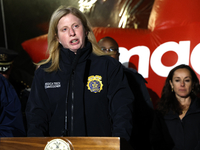 New York Police Commissioner Jessica Tisch and New York City Mayor Eric Adams and city officials hold a public safety press conference ahead...