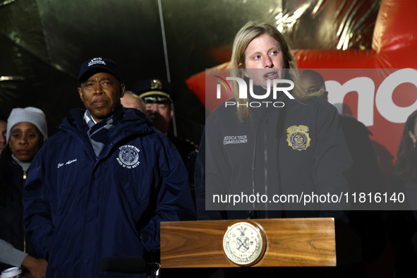 New York Police Commissioner Jessica Tisch and New York City Mayor Eric Adams and city officials hold a public safety press conference ahead...