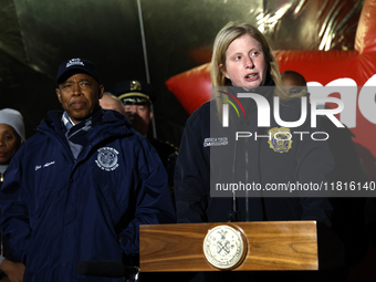 New York Police Commissioner Jessica Tisch and New York City Mayor Eric Adams and city officials hold a public safety press conference ahead...