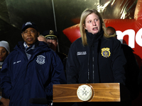 New York Police Commissioner Jessica Tisch and New York City Mayor Eric Adams and city officials hold a public safety press conference ahead...