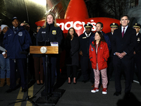 New York Police Commissioner Jessica Tisch and New York City Mayor Eric Adams and city officials hold a public safety press conference ahead...